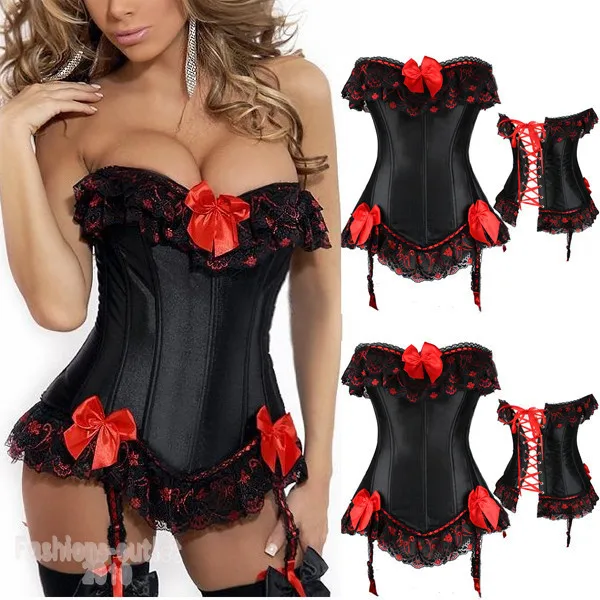 HOT Sexy Corselet Women Black Bone Bustier Corset With Red Bow+G string Set Lingerie S M L XL XXL 3XL 4XL 5XL 6XL- Free Shipping | Женская
