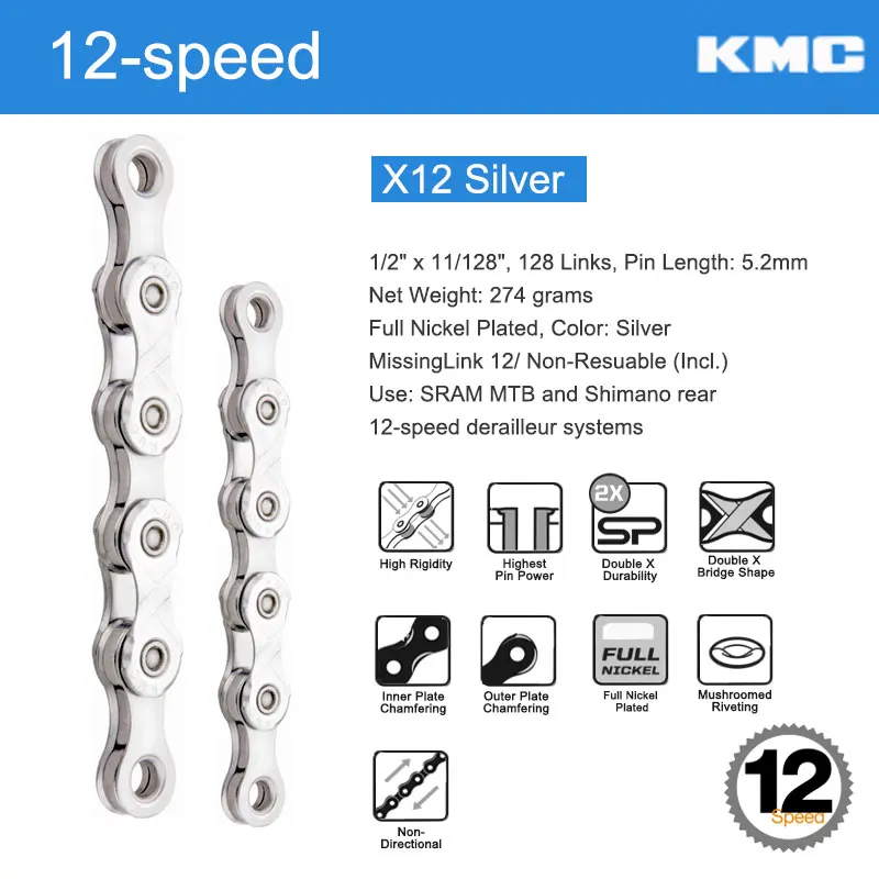 X12 Silver N 2Links KMC велосипедная цепь X12 MTB дорожный велосипед 12 Скоростей с оригинальными разъемами MissingLinks X Мост Топ езда на велосипеде производительность - Цвет: X12 Silver N 2Links