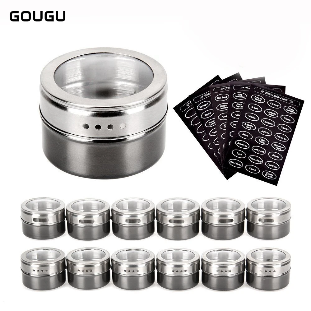 

GOUGU Magnetic Spice Jar With Stickers Stainless Steel Spice Tins Pepper Seasoning Sprays Tools