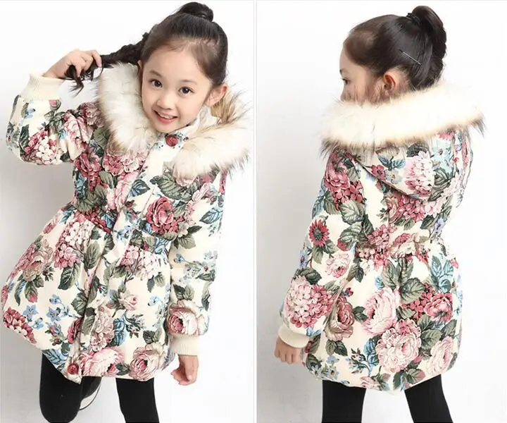 

Rlyaeiz 2018 Winter Jackets For Girls Kids Thicken Warm Girls Parka Coat Fur Collar Hooded Fashion Floral Printing Jacket Coat