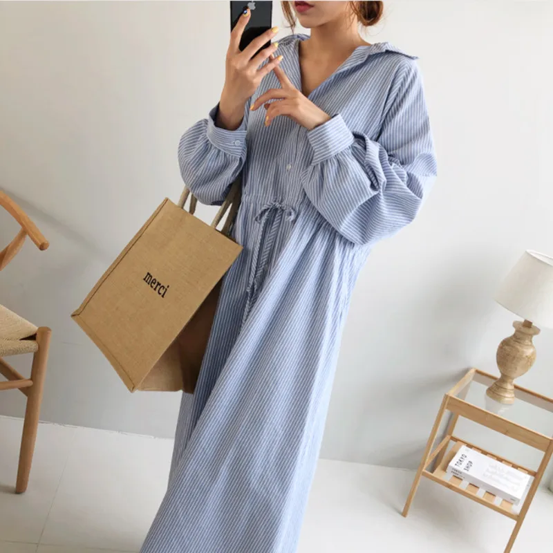 LANMREM 2020 Summer New Fashion Temperament Women Loose Plus Casual Stripes Over The Knee Tie Bow Dress TC204 | Женская одежда