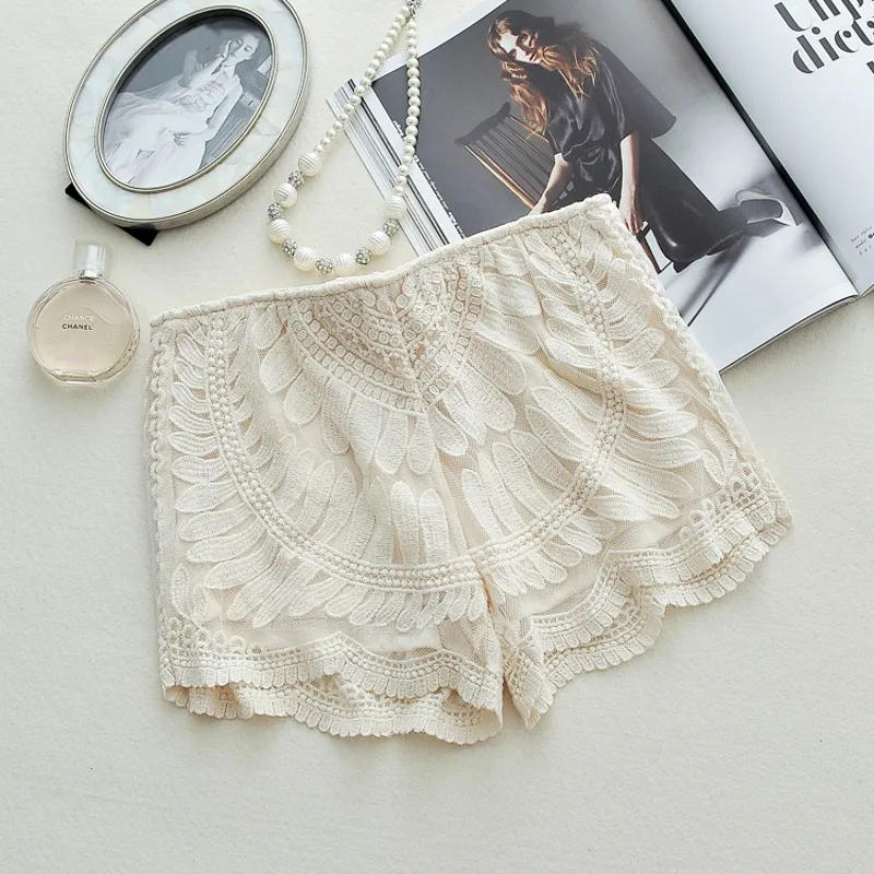 

Summer Lace Up Mid Elastic Waist Shorts Boho 2022 White Knitted Crochet Shorts 90s Girls Slim Shorts Female Bottoms
