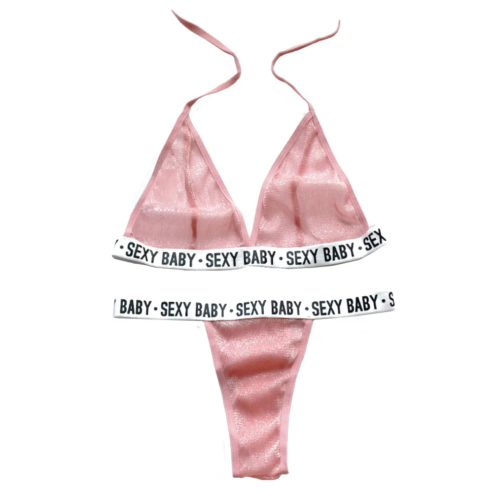 Pink Модный женский комплект с бюстгальтером, сексуальное кружевное нижнее белье, низкая посадка, стринги, БУКВЕННОЕ белье, подарок для девушки, сзади, без косточек - Цвет: Pink