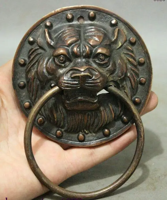 

Chinese Temple Bronze Guard Copper Lion Fu Foo Dog Statue Door Holder Knocker