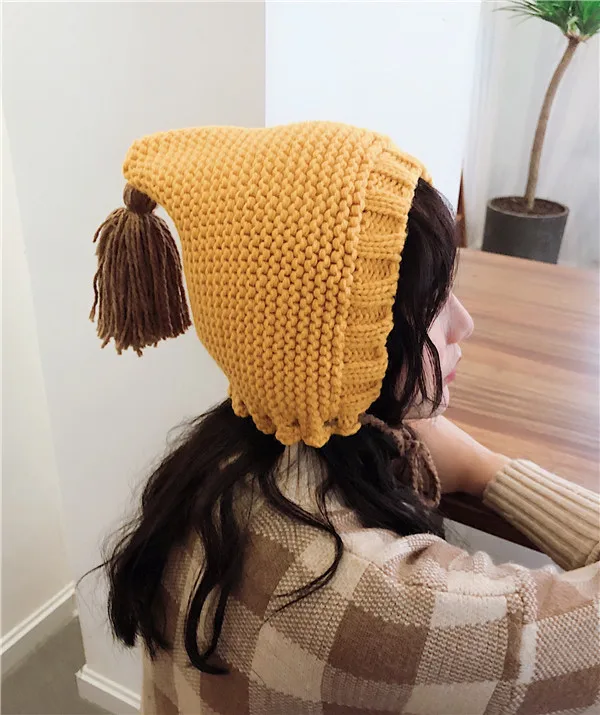 Зимние шапки Skullies Beanies для женщин Harajuku милые девушки кисточкой оплетка теплые черепа сплошной цвет шнуровка вязанные шапки-бобы