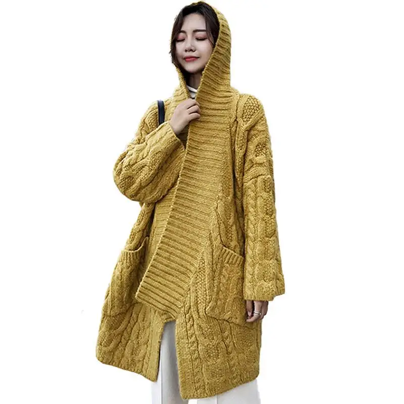 

Women 2019 New Fashion Spring Autumn Long Sleeve Loose Knitting Cardigans Pocket Sweater Female Hooded Cardigans Solid Coat V705