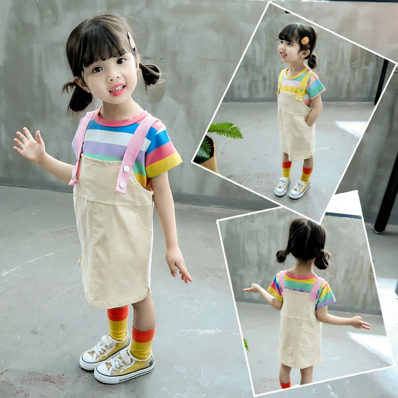 Летняя Радужная футболка для девочек детская в полоску из 100% хлопка с короткими