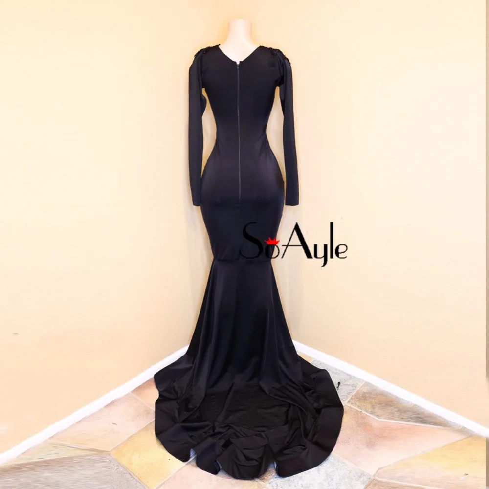 SoAyle Deep V-Neck Mermaid Evening Dresses Beaded Feather Center Piece Long Sleeves Prom Court train Vestidos De Festa | Свадьбы и