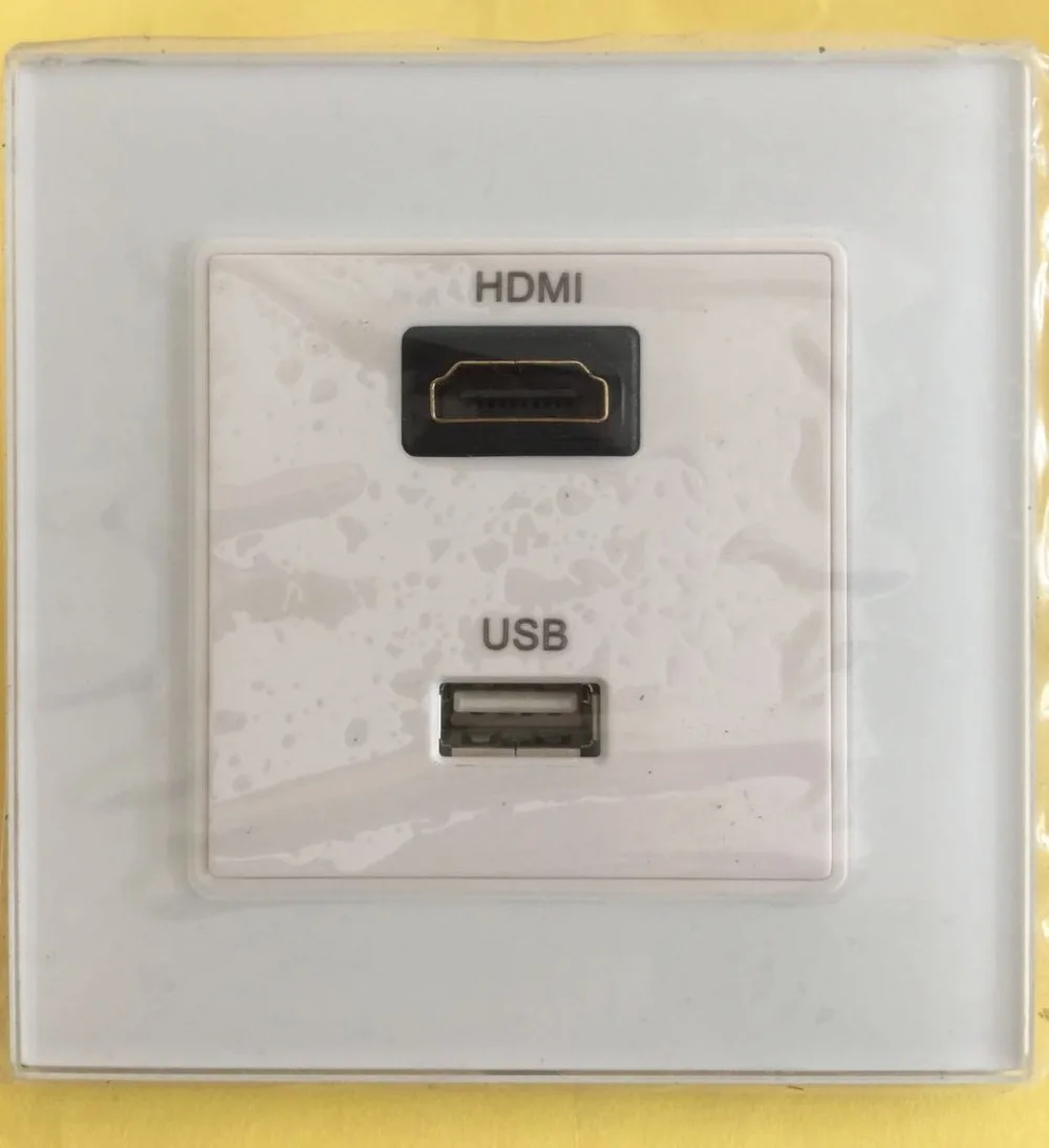 Гнездо HDMI, с интерфейсом USB настенный разъем. стеклянная рамка