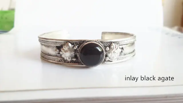 Black agate BB-455 традиционный тибетский серебряный инкрустированный бисером браслет непальский винтажный открытый манжет агатовый глаз - Окраска металла: Black agate