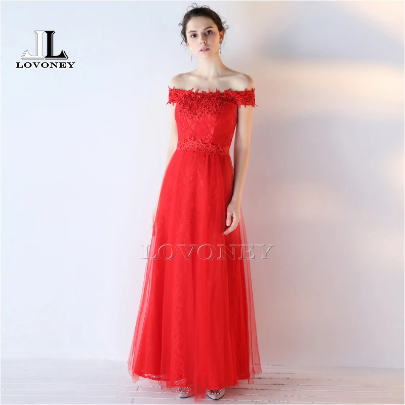 LOVONEY Real Photo Sexy Line Лодка Шеи Красный Кружева Пром платья 2017 Босоножки Назад Плюс
