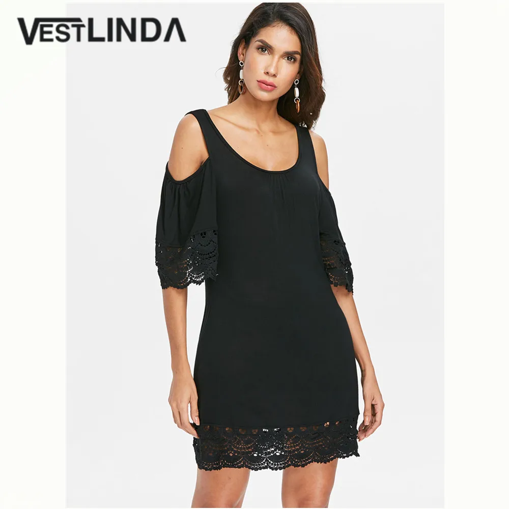 Черное платье VESTLINDA с открытыми плечами и коротким рукавом кружевное