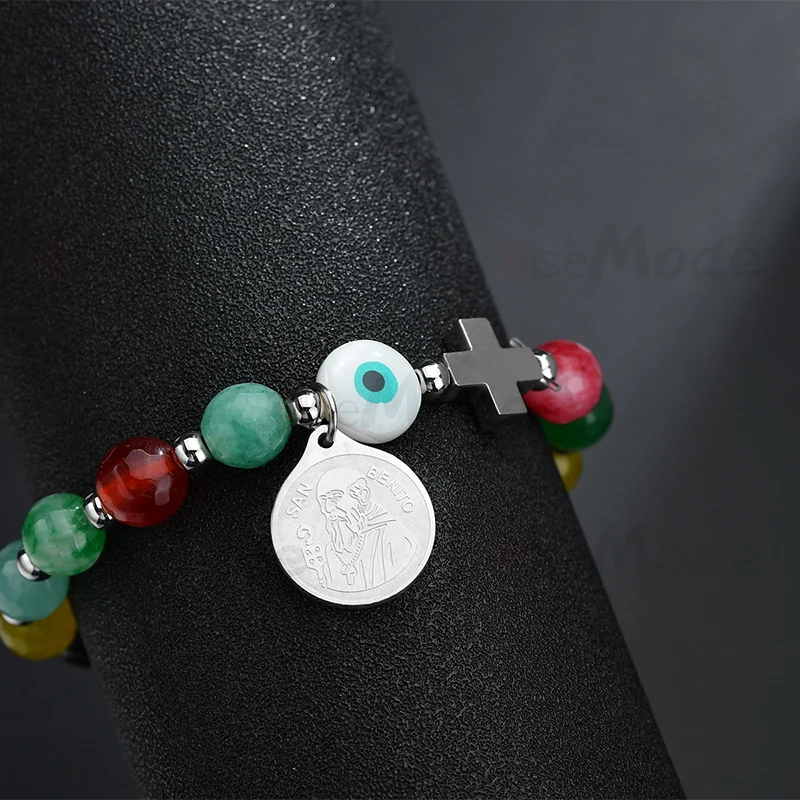 ELSEMODE Ethnic Mulitcolor Evil Eyes San Benito Cross Saint Stainless Steel Pendant Beads Bracelet for Women Lucky Gifts Jewelry