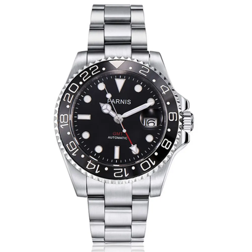 A 40 мм Parnis механические часы черный красный ободок GMT Diver часы полностью из нержавеющей стали сапфир автоматический механизм мужские часы - Цвет: A