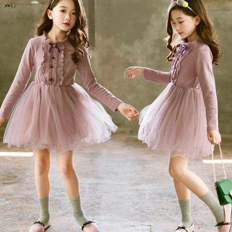 Fashion Lacework Princess Dress Girl Long Sleeve Autumn Mesh Elegant Dresses Kids Girls Clothes 4 5 6 7 8 9 10 11 12 Years | Детская