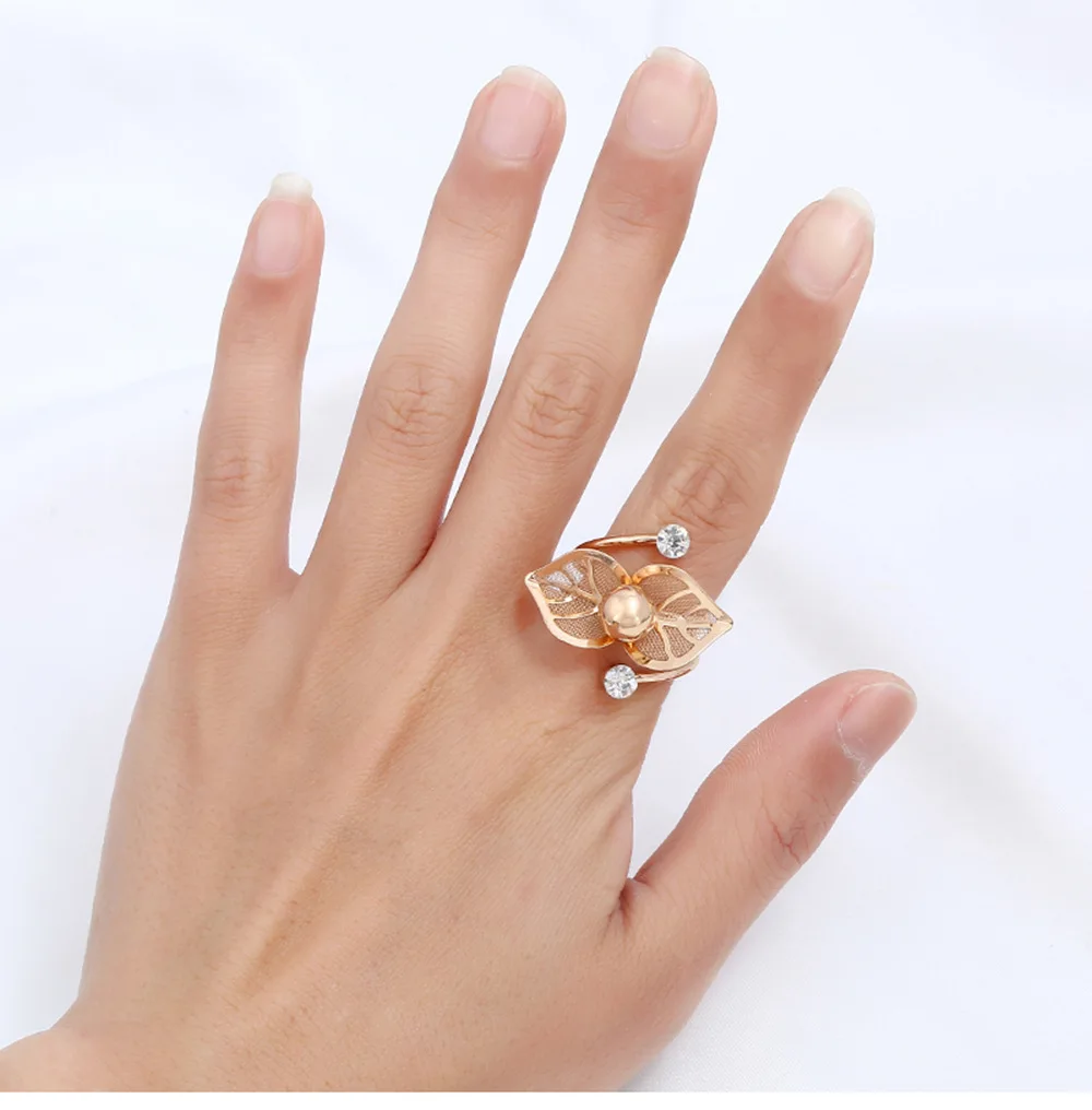 2018 золото Цвет жемчужные бусы Кристалл Rhinestone листьев Регулируемая цветок кольца