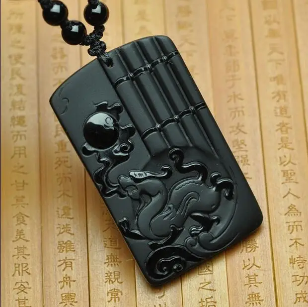 Ювелирные изделия черный обсидиан резьба Дракон ожерелье амулет кулон