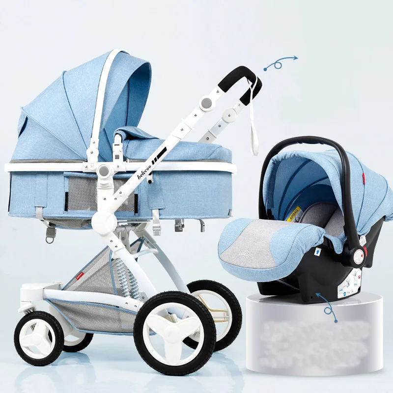 blue with safe seat Роскошная детская коляска с высоким пейзажем 2 в 1, модная детская коляска в европейском стиле, костюм для лежа и сиденья - Цвет: blue with safe seat