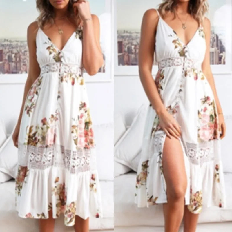 2018 летнее женское платье с цветочным принтом кружевное без рукавов разрезом и