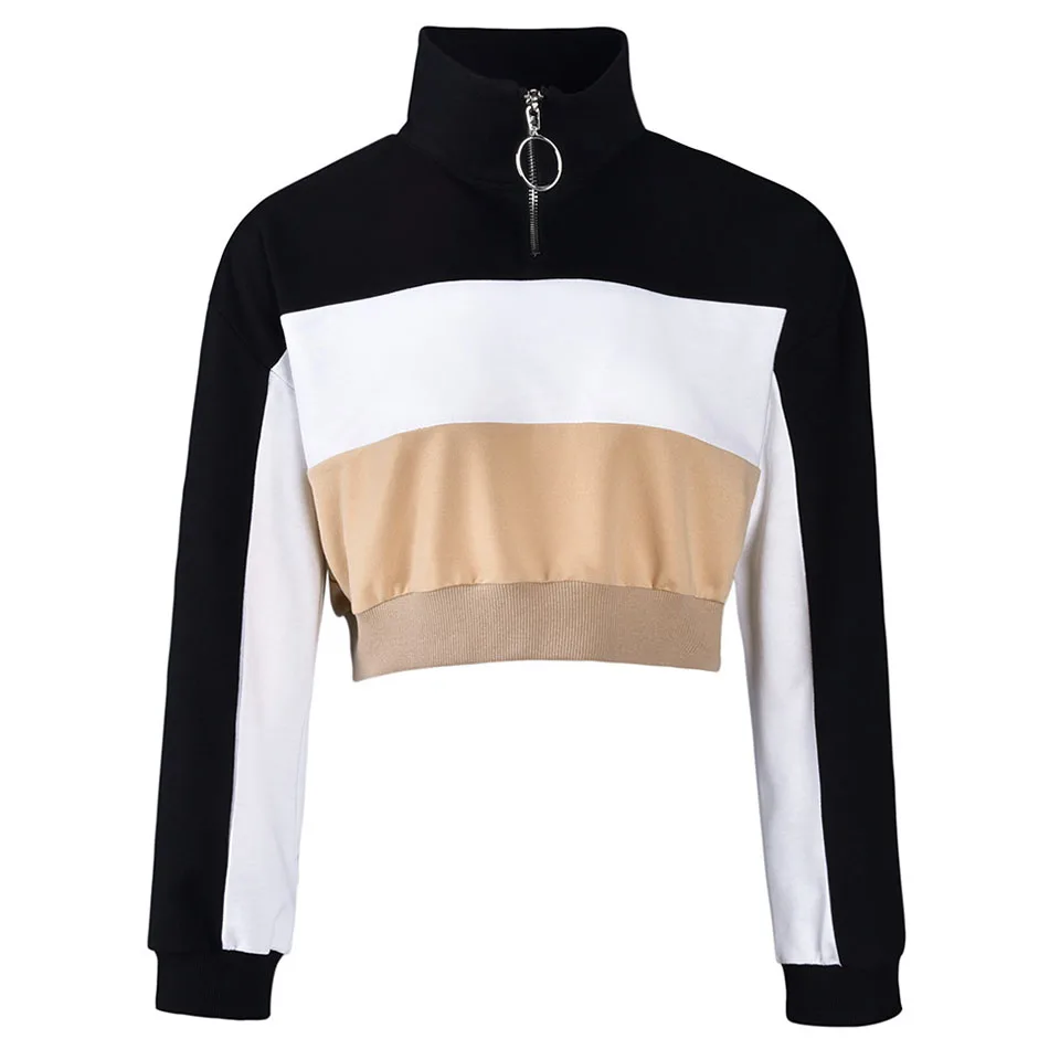 

Half Zip Sweatshirt Ring Zipper Harajuku Pullover Color Block Hoodie Poleron Mujer Ulzzang Long Sleeve Hoodie Crop Top Women