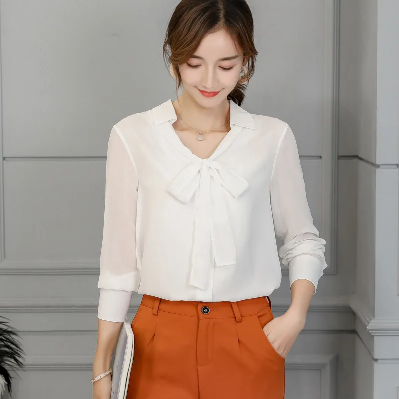 Women's Leisure Bottom Shirt Spring Summer Long Sleeve Pure Color Blouses Female New Korean Fashion Casual Bowknot Top H9070