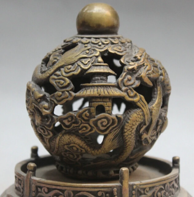 SCY 7&quot Chinese Bronze Dragon Play Bead Animal Lion Head Beast Rotate FengShui Ball S0706 | Statues &amp Sculptures