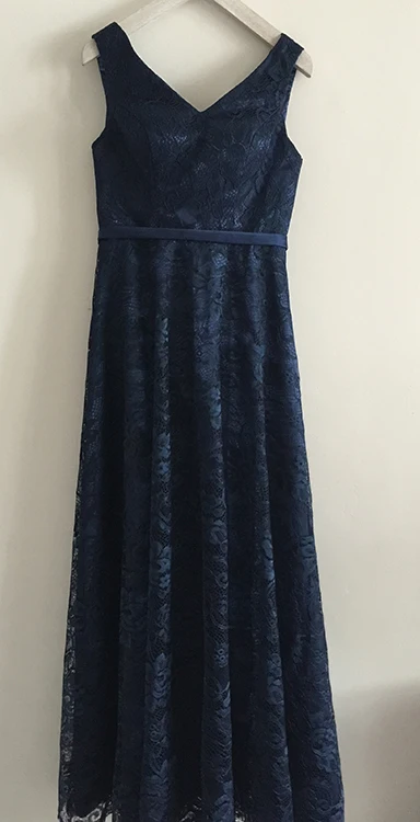 Dark blue Настоящая фотография, длинное вечернее платье, Vestido de Festa, ТРАПЕЦИЕВИДНОЕ кружевное платье с v-образным вырезом, вечерние платья для выпускного вечера - Цвет: Dark blue