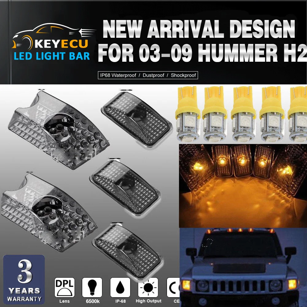 

KEYECU 5pcs Black Smoked Lens Cab Roof Marker Lights Roof Top Lamp Clearance Replacement+5pcs YELLOW T10 Set for 03-09 Hummer H2