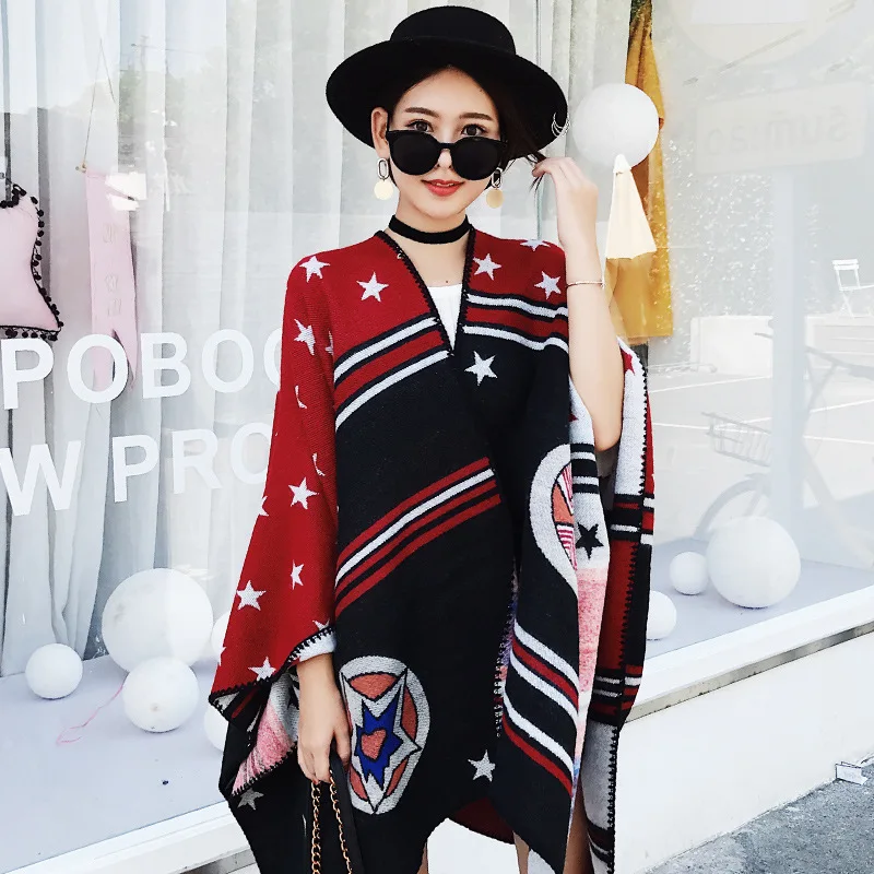 

2018 Luxury Brand Women Cashmere Scarf Double Side Five-Pointed Star Pattern Shawls and Scarves Lady Winter Cape Poncho