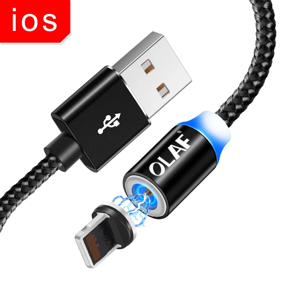 Black IOS OLAF 1 м 2 м светодиодный кабель для быстрой зарядки Micro usb type C для Xiaomi Redmi Note 7 Mi9 Магнитный кабель для зарядки для iPhone X XR XS Max - Цвет: Black IOS