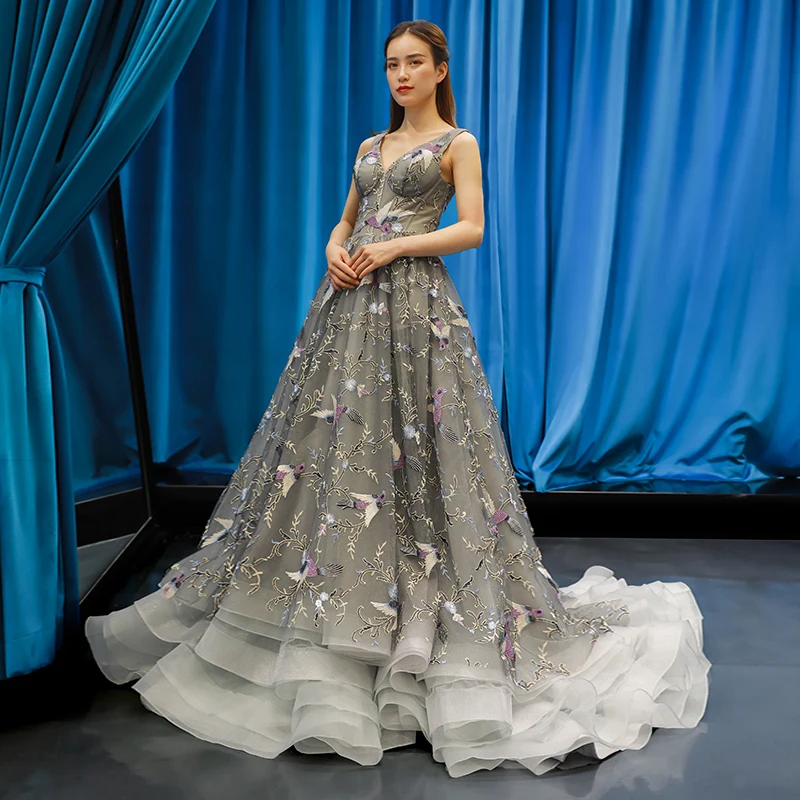 Floral Prom Dresses Lace Sleeves A-line Gray V Neck Empire Waist Long Evening Gowns Colors Fashion Lace Vestido De Formatura