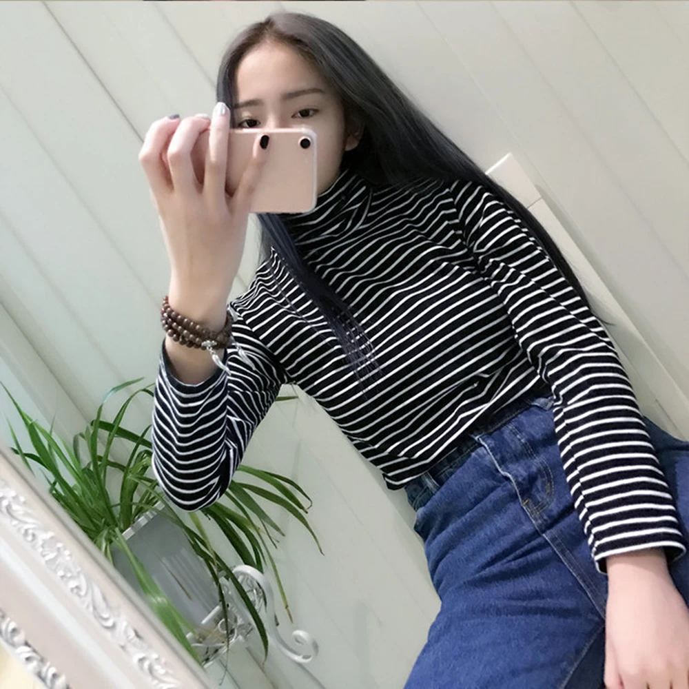 Водолазка в полоску с принтом белые черные футболки длинными рукавами осенние