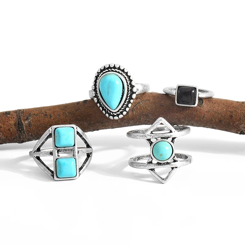 WILD&ampFREE Vintage Bho 4 pcs Ring Set For Women Punk Style Antique Gold Multicolor Stone Beads Turkish Knuckle Rings Party GifT |