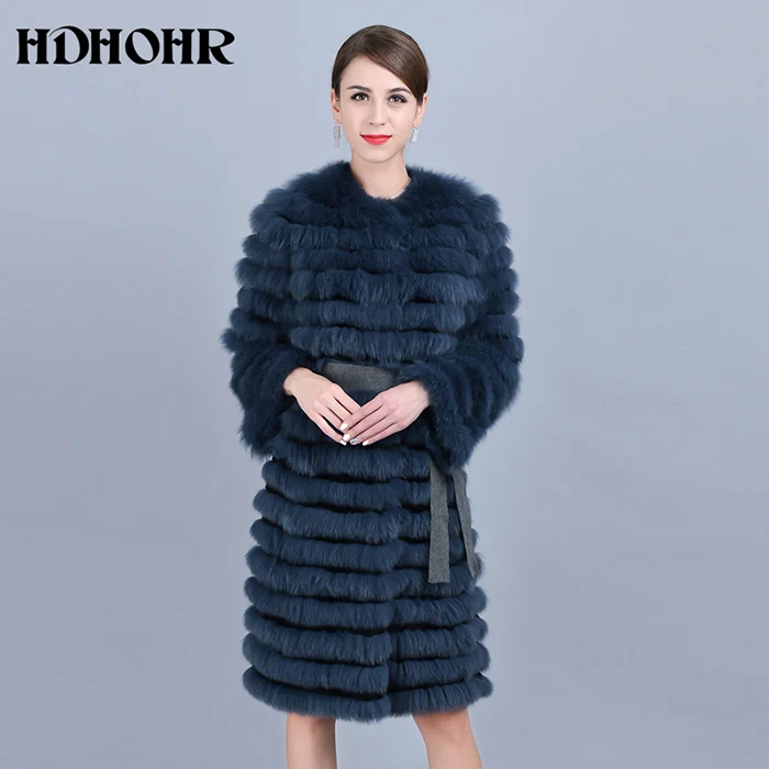 HDHOHR новое пальто из натурального Лисьего меха Женское пальто из натурального Лисьего меха с поясом модные высококачественные длинные куртки с полосками дамское пальто из лисьего меха - Цвет: Бирюзовый