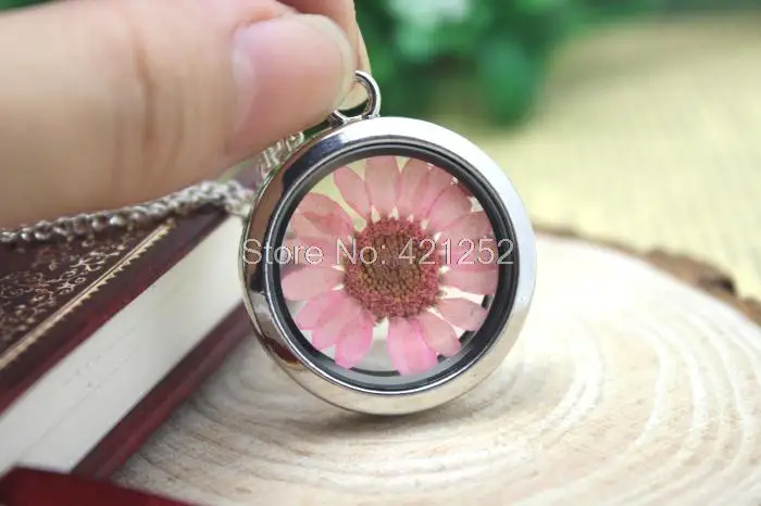 6 шт. колье с окошком настоящая Хризантема цветок стеклянный медальон ожерелье