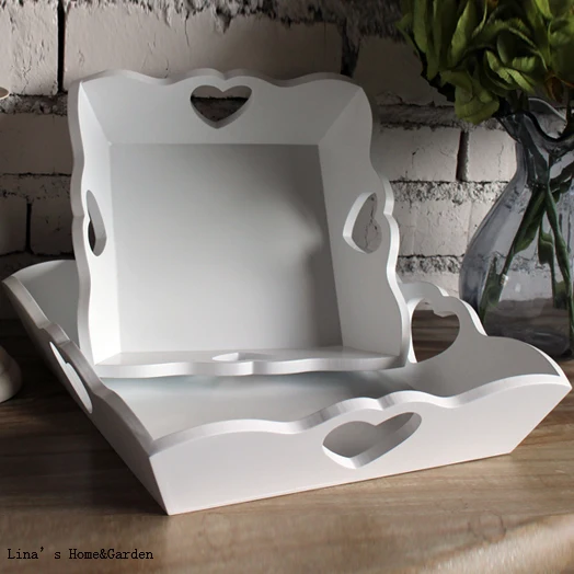

heart cutout stackable 2 pieces handmade square white wooden tray