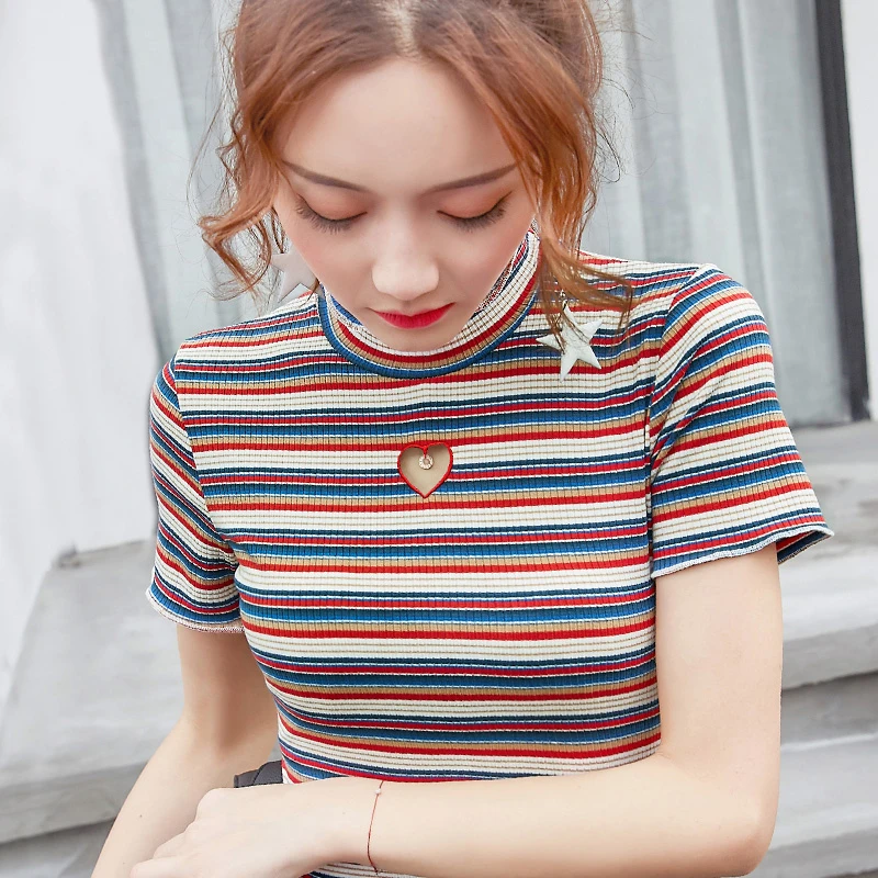 Женская Полосатая футболка в стиле ретро с коротким рукавом и сердечком|striped tee|tees
