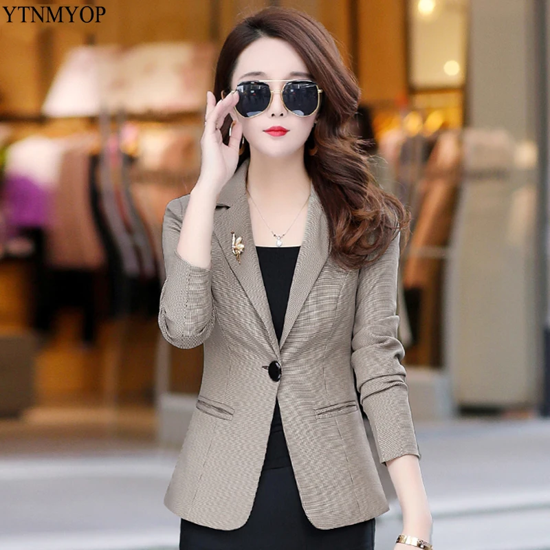 

YTNMYOP Women Slim Fashion Blazer Spring Office Lady Plaid Suit Coat One Button Notched Clothing Female Autumn Tops Style