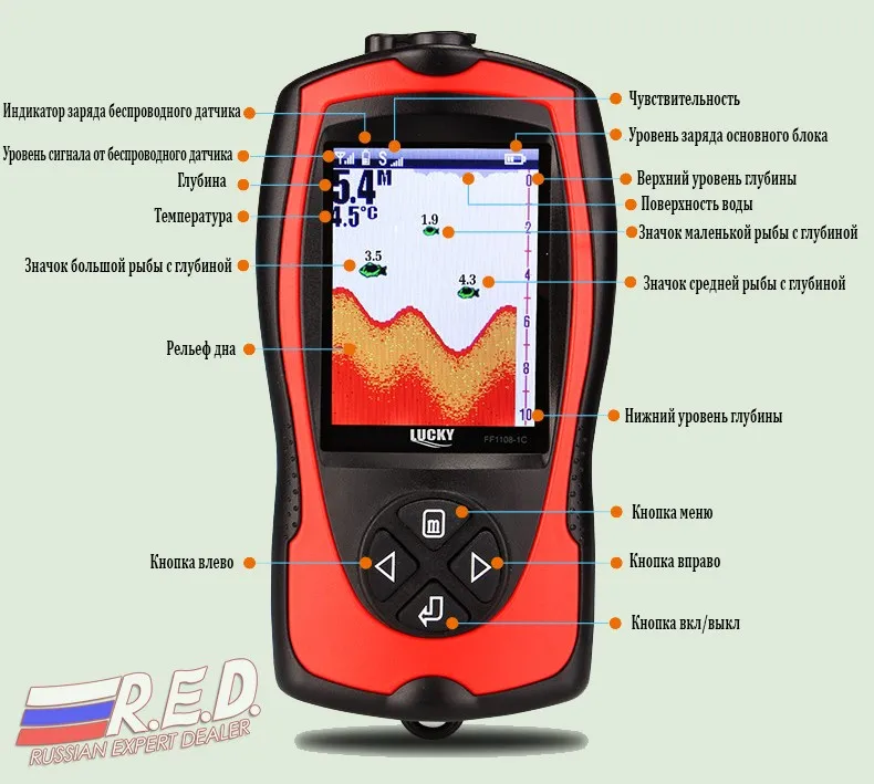 lucky FF1108-1CWLA эхолот для рыбалки на русском языке с цветным дисплеем рабочий диапазон 60 м, на аккумуляторах, отрисовка рельефа дна, по России от 2 дней курьером эхолот эхолот для рыбалки fish finder