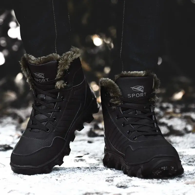 Fotwear, мужские зимние ботинки мужские уличные противоскользящие ботинки теплая плюшевая хлопковая обувь кожаная обувь на шнуровке - Цвет: Black
