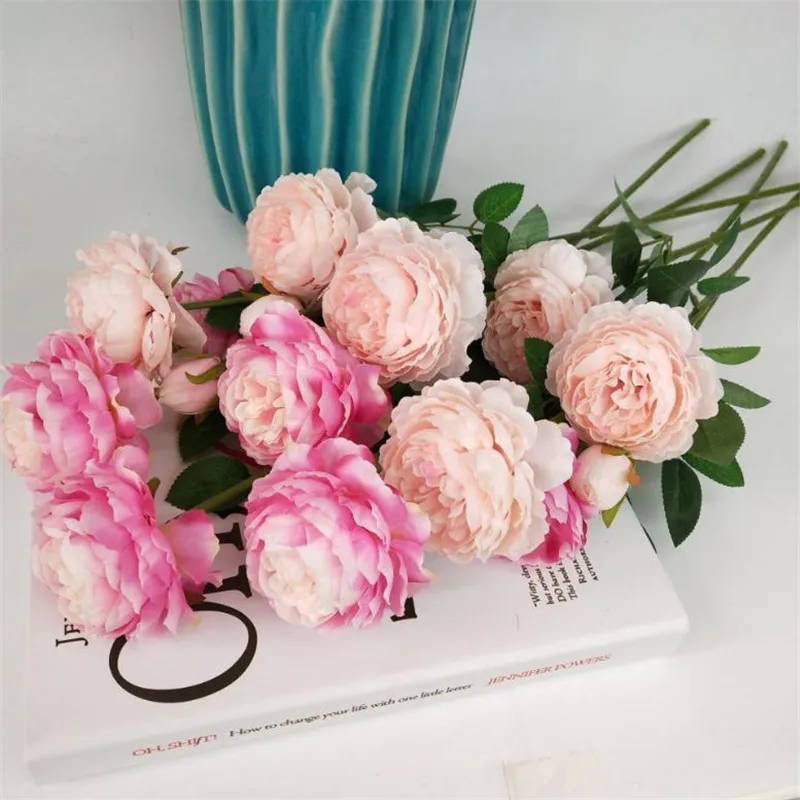 

Flone 3 Heads European Style Elegant Artificial Peony Flowers Simulation Silk Flowers Branch Wedding Home Party Decoration