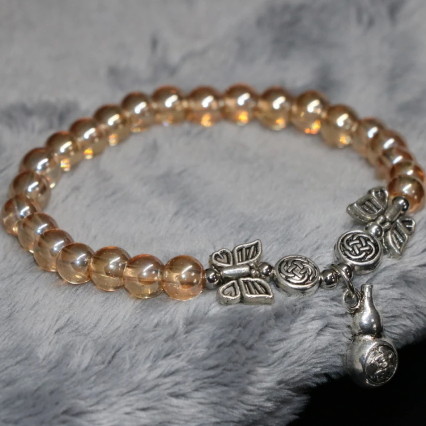 

Luxury silver-plated gourd pendant electroplate champagne crystal elastic bracelet 6mm round beads gift jewelry 7.5inch B2137