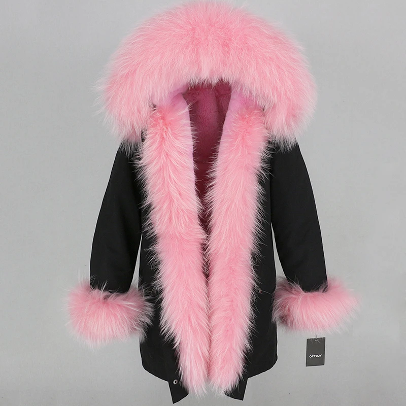 black pink OFTBUY, пальто с натуральным мехом, зимняя куртка для женщин, натуральный мех енота, капюшон, водонепроницаемая, длинная парка, съемная, уличная одежда, роскошные парки, теплые - Цвет: black pink