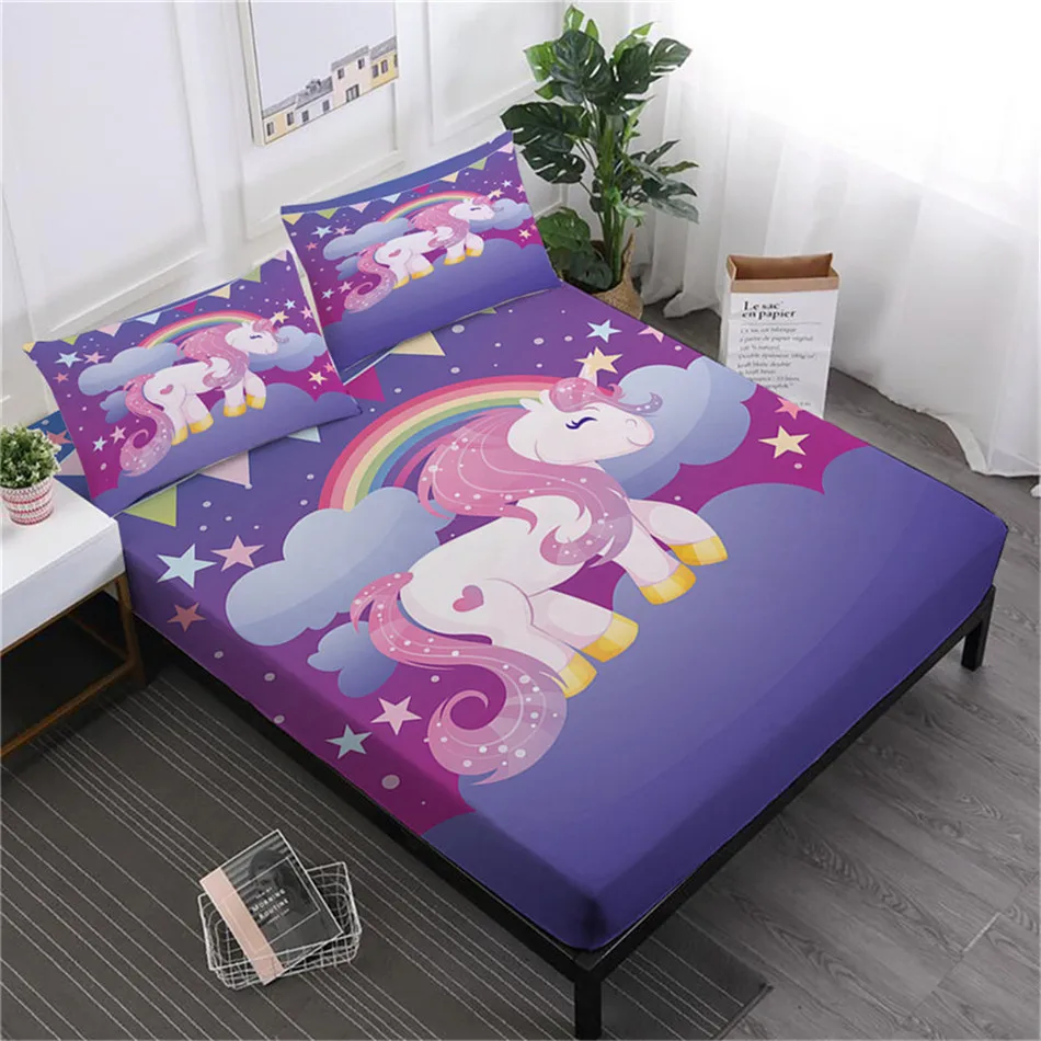 

Dreamlike Cartoon Unicorn Sheet Set Moon Floral Print Fitted Sheet Girls Bedding Bed Linens Flat Sheet Pillowcase Home Decor