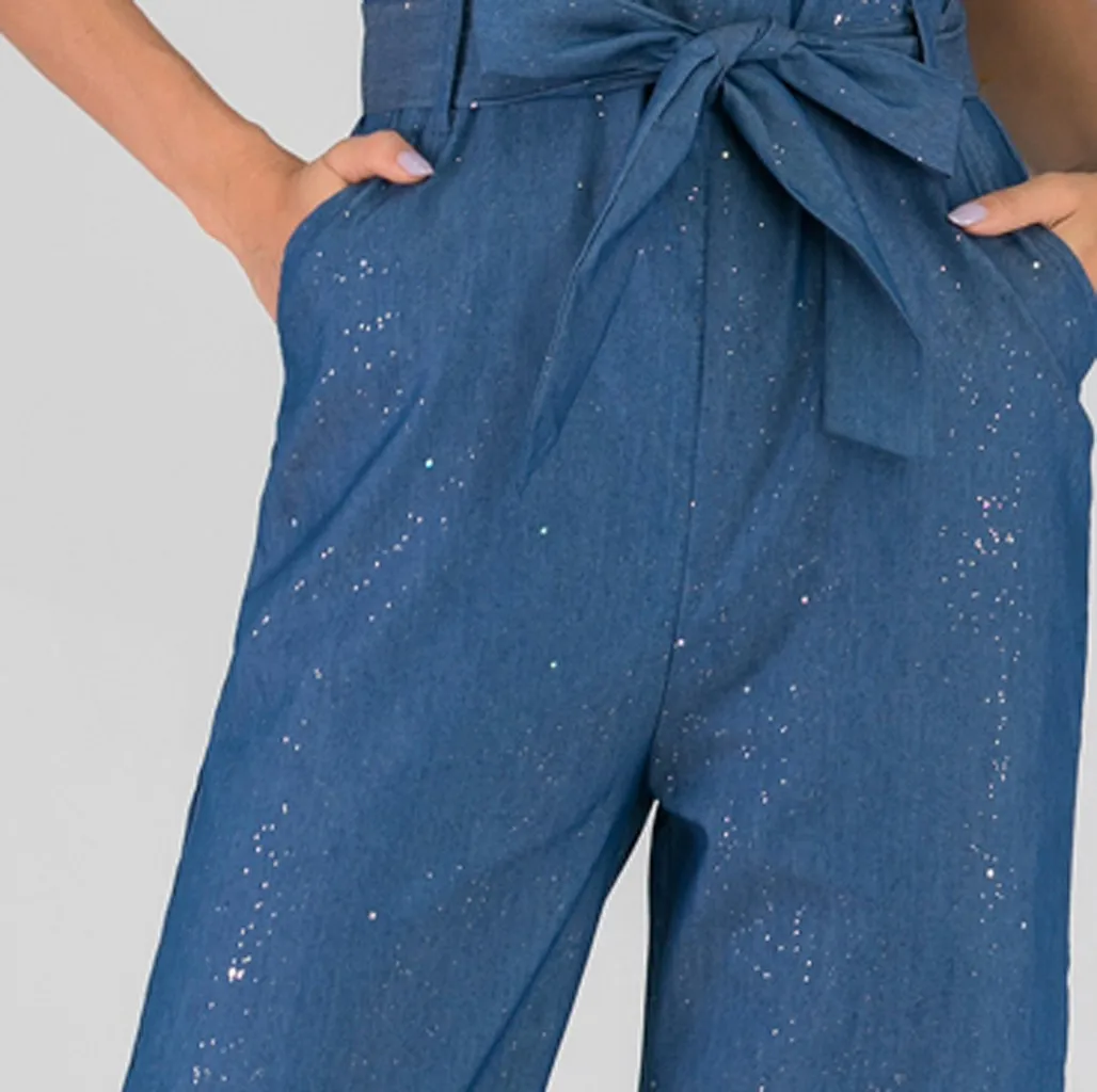 Летний женский джинсовый комбинезон с широкими штанинами размера плюс бантом