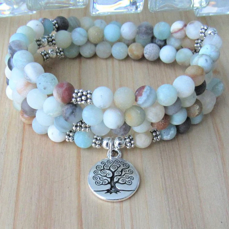 Браслеты матовый Амазонит Pulsera Mujer 108 буддийские молитвенные бусины Мала браслет