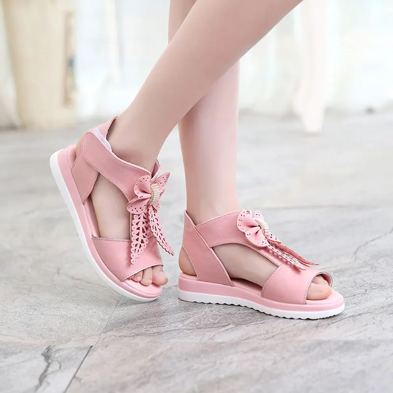 Princess Genuine Leather Sandals Size 26-37 Pink White Flats Beach Shoes Bowknot Flower High Quality Fashion Sandalias | Детская одежда