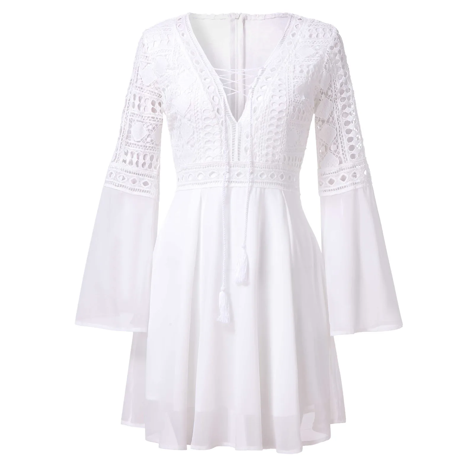 

Hollow Out Chiffon Dress Sexy Women Mini Dress Criss Cross Bandage Lace Plunge V-Neck Long Sleeve Dress White