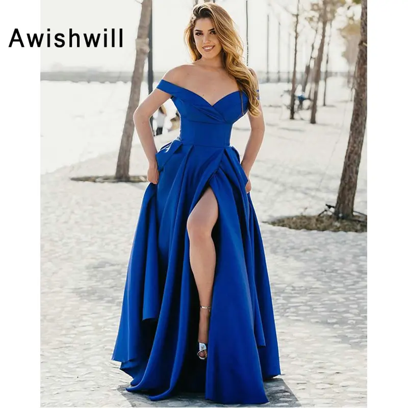 Королевский синий длинное вечернее платье с высоким разрезом А-силуэта со