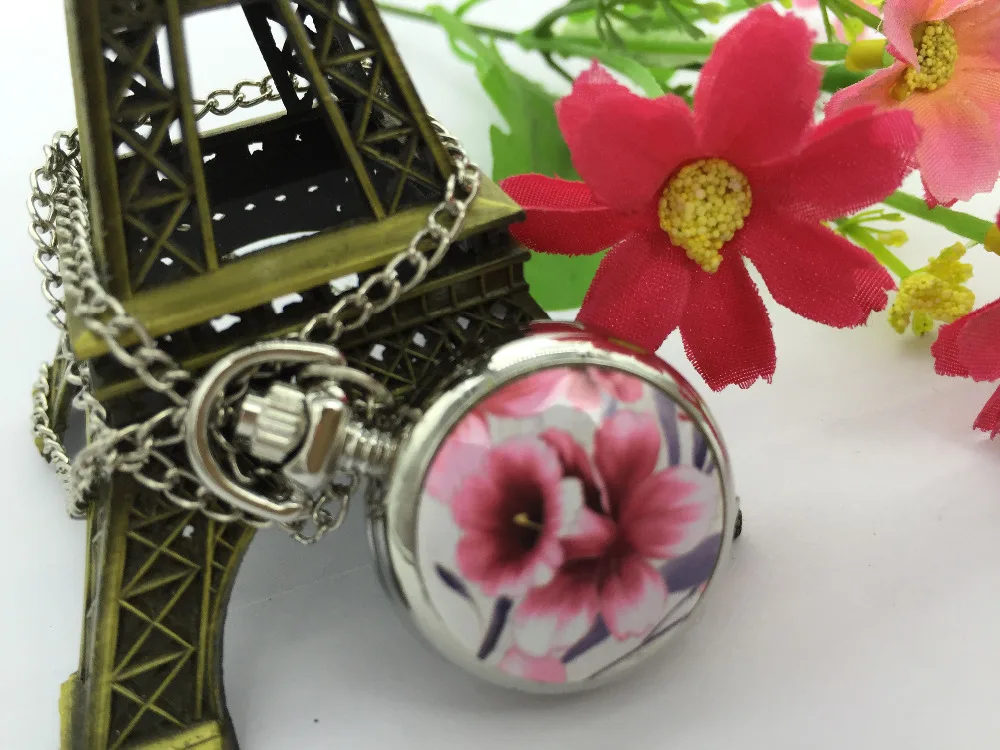 

New Fashion White steel silver flowers Flip clock pendant woman and girl gift Necklace pocket watches